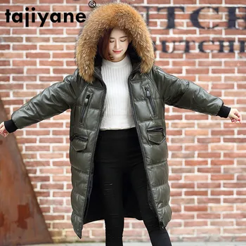 

2019 Real Leather Jacket Women Winter Duck Down Coat Female Raccoon Fur Hooded Genuine Leather Jackets Long Sheepskin Coat 86079