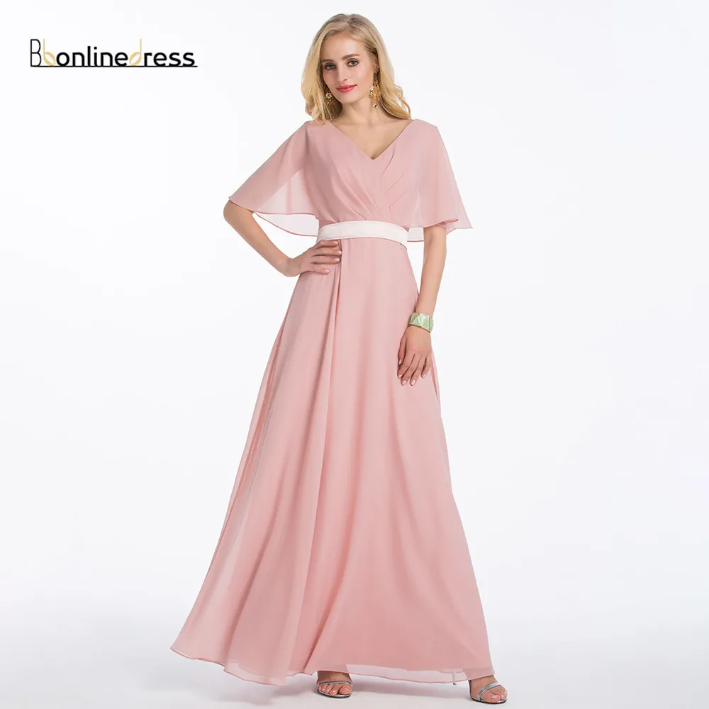 

Free Shipping Plus Size Evening Dress 2020 Chiffon A-Line V-Neck Short Sleeve Long Women Wear Formal Party Gowns