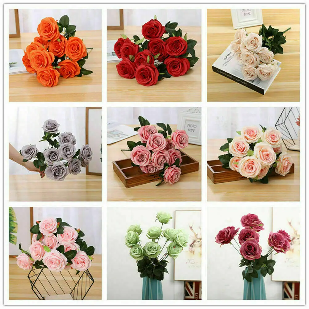 

Искусственные розы с 10 цветами, большой букет, Шелковый цветок для свадьбы, украшение для дома, искусственный цветок, Осеннее украшение