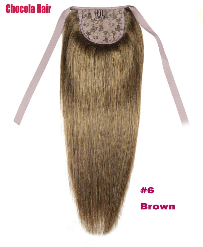#6 Chocola 16"-24" 80g Brazilian Machine Made Remy Hair Ribbon Ponytail Clip In Human Hair Extensions Horsetail Stragiht - Цвет: #6
