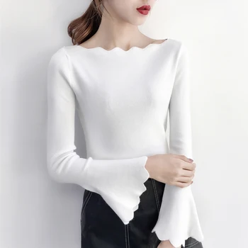 

slash neck knitted women sweaters and pullovers solid flare sleeved slim elastic office lady elegant pulls outwear tops