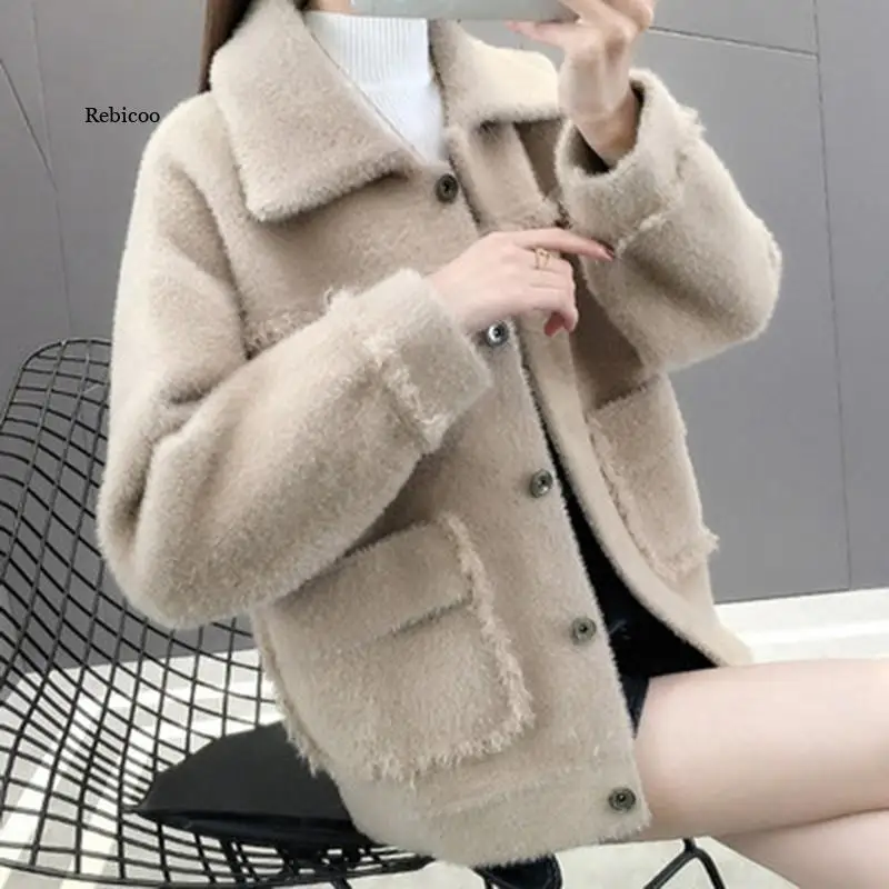 Knit Cardigan Women Autumn Winter Loose Warm Coat Female Fashion Elegant V-Neck Long Sleeve Sweater Streetwear Casual Top Jacket image_2