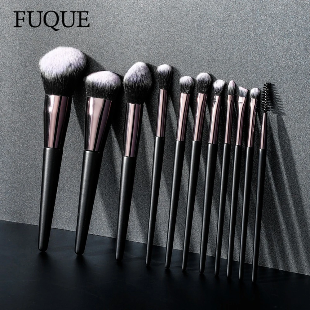 

FUQUE 11 Pcs Black Makeup Brush Set Soft Wool Fiber Foundation Eyeshadow Brushes Women Make Up Tools Kit Maquiagem AJ0013