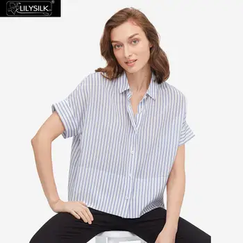 

LilySilk Silk Shirt Short Sleeve Stripe Relaxed Ladies New Free Shipping
