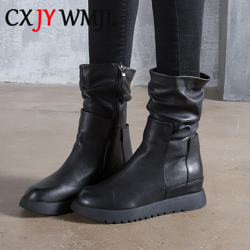 

Autumn Genuine Leather Platform Boots Women Winter Cowhide Ankle Boot Fashion Black Side Zipper Internal Increase Cotton Shoes 9