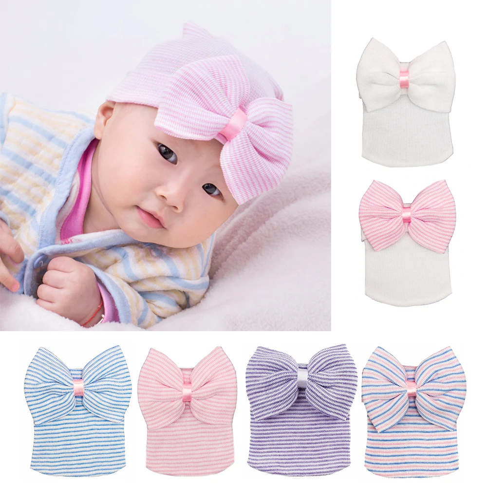 Newborn Baby Soft Hat Toddler Comfy Bowknot Hospital Cap Infant Striped Caps Bow Beanies For Warm Beanie | Мать и ребенок
