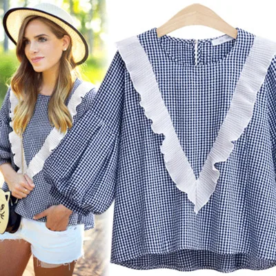 

00182018 Europe And America Large Size Dress Plus-sized Puff Sleeve Plaid Shirt 8070