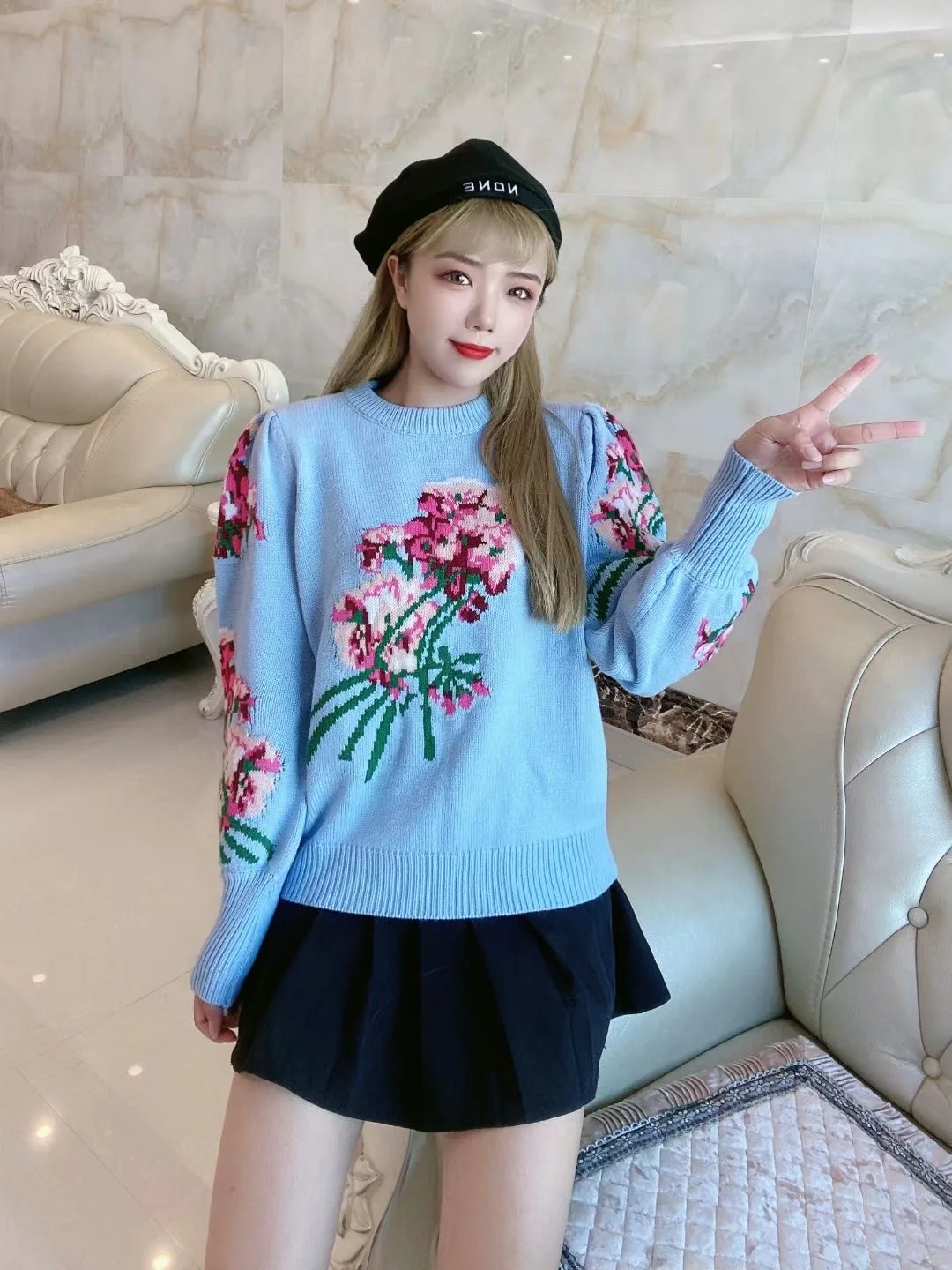 

New Autumn Winter Women Elegant Knitted Pullover Sweater High Quality Big Flowers Embroidery Designer Runway Sweater