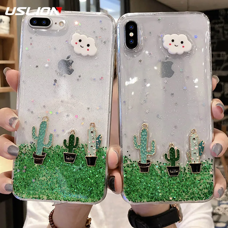 USLION чехол для iPhone X XS XR Xs Max прозрачный Блестящий блестками-звездочками кактус с