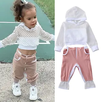 

2020 Toddler Kids Baby Girl Clothes long sleeve white Mesh Hooded Tops pink Pants 2PCS sport Outfits casual Tracksuit