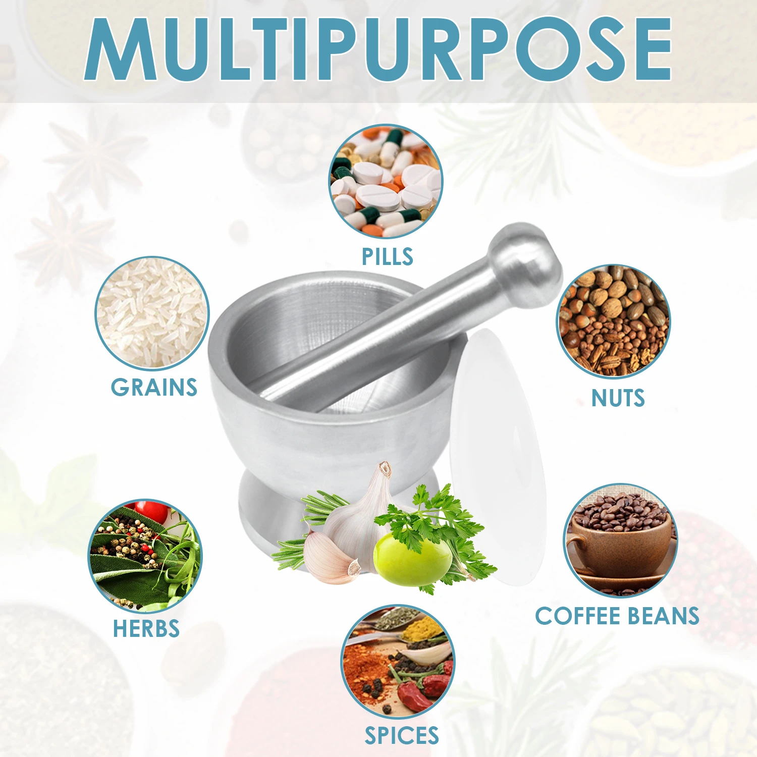 Mortar and Pestle Set, 18/8 Stainless Steel Pill Crusher, 1 Cup Spice Grinder with Silicone Protective Lid, Garlic Peeler & Brus
