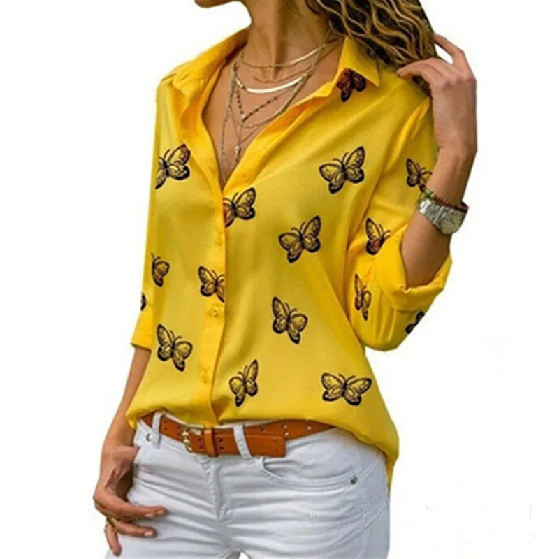 Blusa de tapeta holgada con estampado de mariposa para mujer, Blusa amarilla de oficina, ropa de trabajo, Top de talla grande, 2020