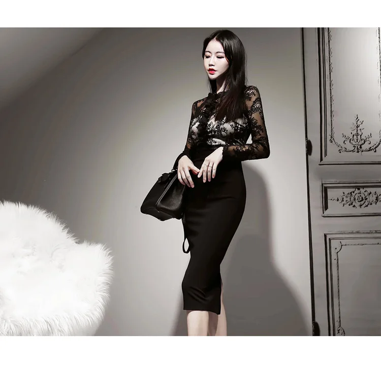 Весна полный рукав сплошные кружевные лоскутные вечерние ткани тонкий Bodycon карандаш Миди Сексуальное Женское Платье
