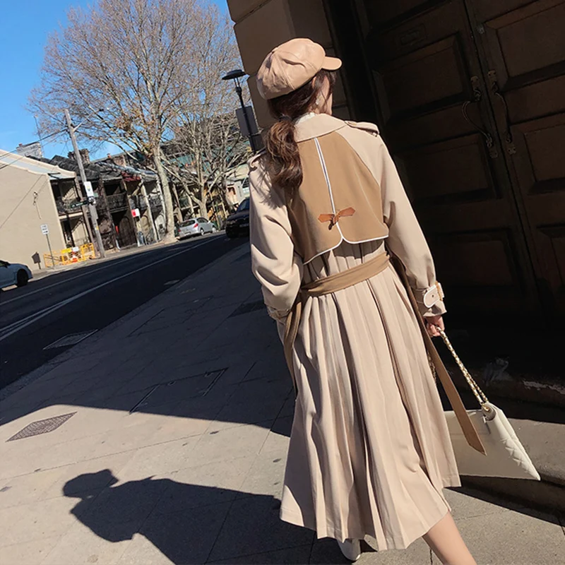 Kopen Mishow Vrouwen 2019 Herfst Licht Kaki Jas Pak Kraag Double Breasted Mid Lange Bovenkleding Vrouwelijke Herfst Trenchcoat MX19C7339