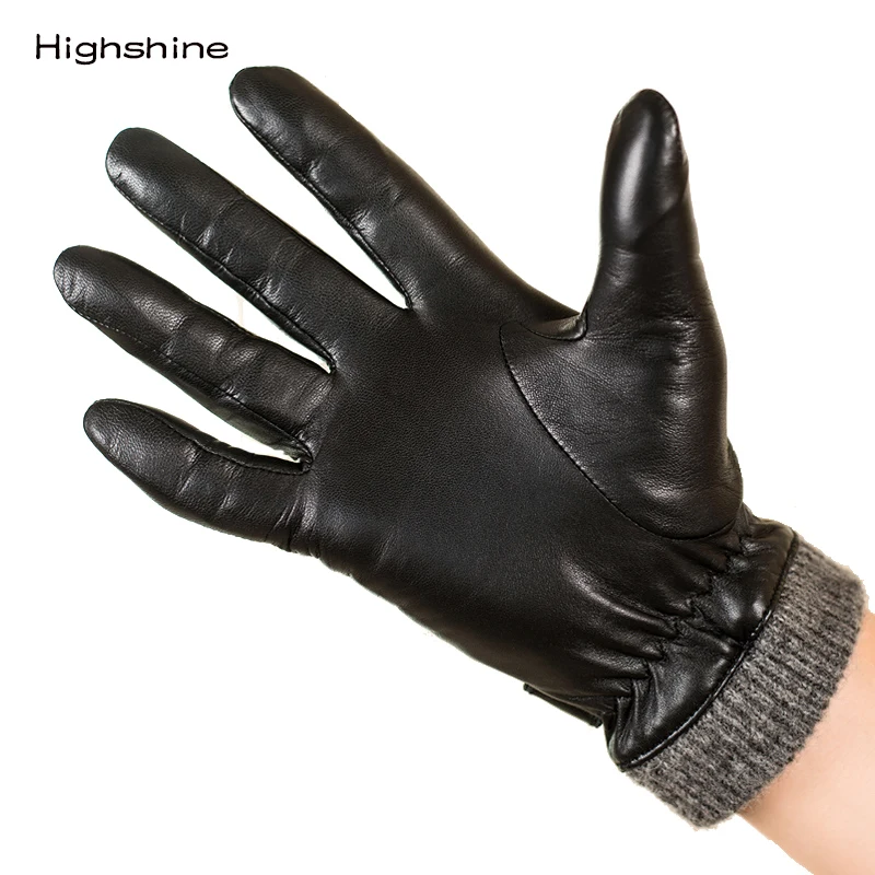 Men's Genuine Leather Gloves Real Sheepskin Black Touch Screen Gloves Fashion Brand Winter Warm Mittens New