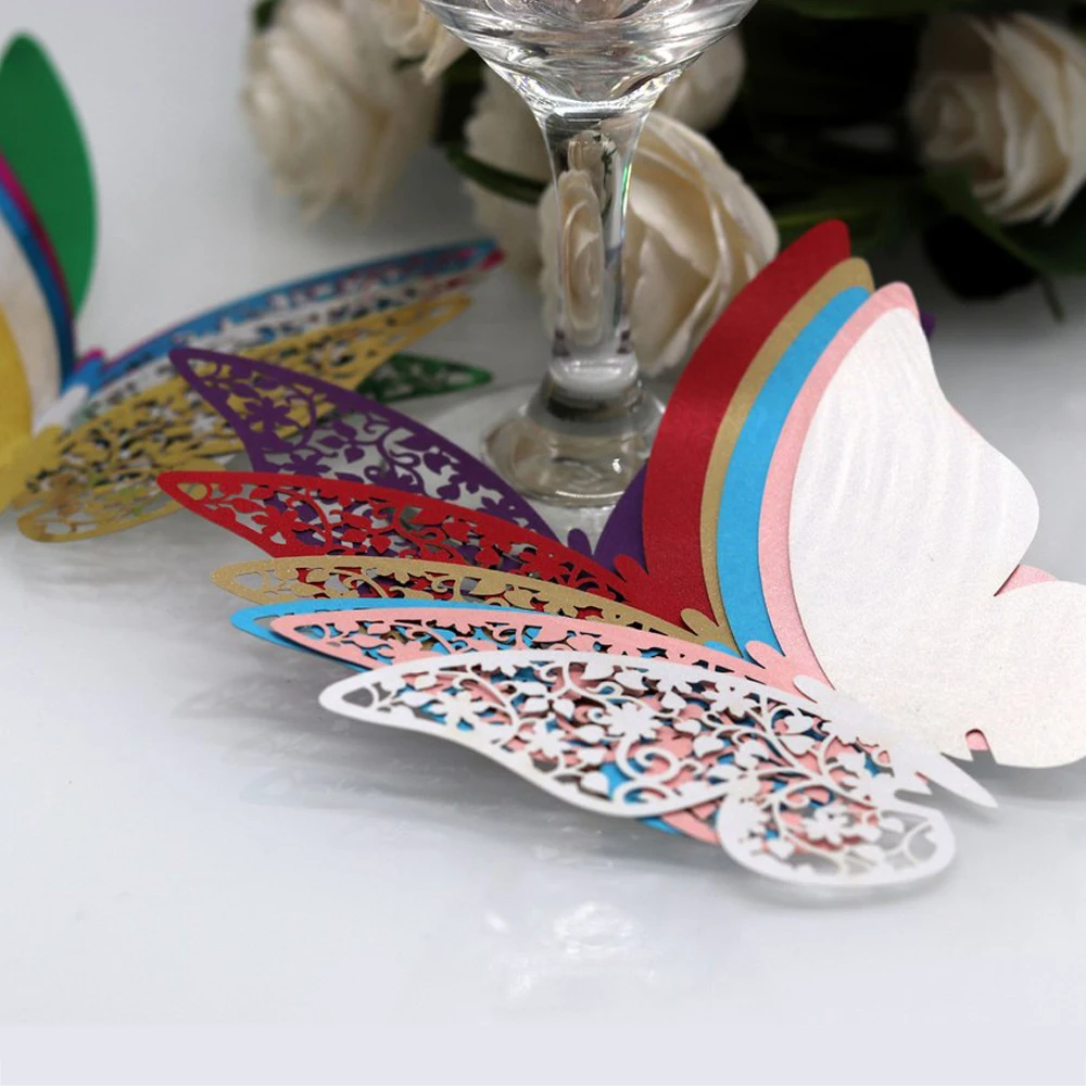 

10PCS Butterfly Hollow Cup Card Wedding Laser Seat Insert Card Wall Sticker Decorative Card Name Date Customer Table Card