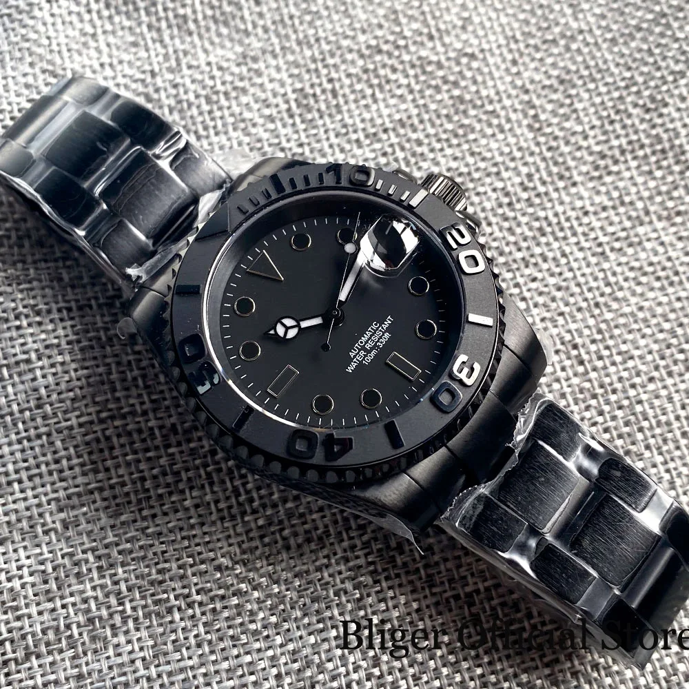 BLIGER 10ATM Waterproof NH35 PT5000 Automatic Watch For Men Black PVD Case Ceramic Insert Stainless Steel Strap Glide Lock