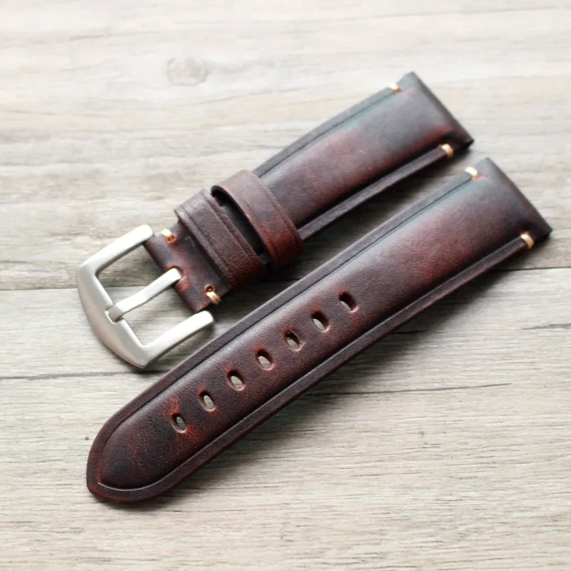 

2020 New ArrivalHandmade Retro Oil Wax Cowhide Watch Strap 20/22MM Adapter Analog Watch Soft Genuine Leather Watch Bracelet 20mm