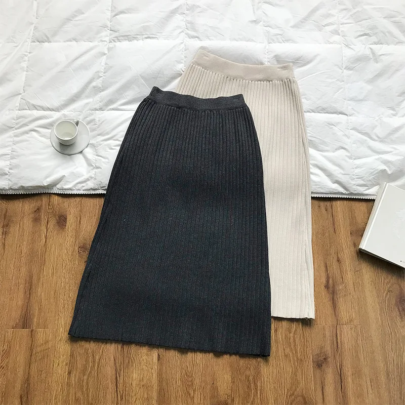 HXJJP Autumn Winter Knitted Skirt Women's New Mid Length High Waist Thin Solid Color Buttock Skirt
