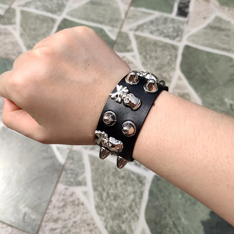 Bracelet Manchette Punk En Cuir Véritable Noir - Taille Réglable - Style Gothique Rock - Pour Homme Et Femme