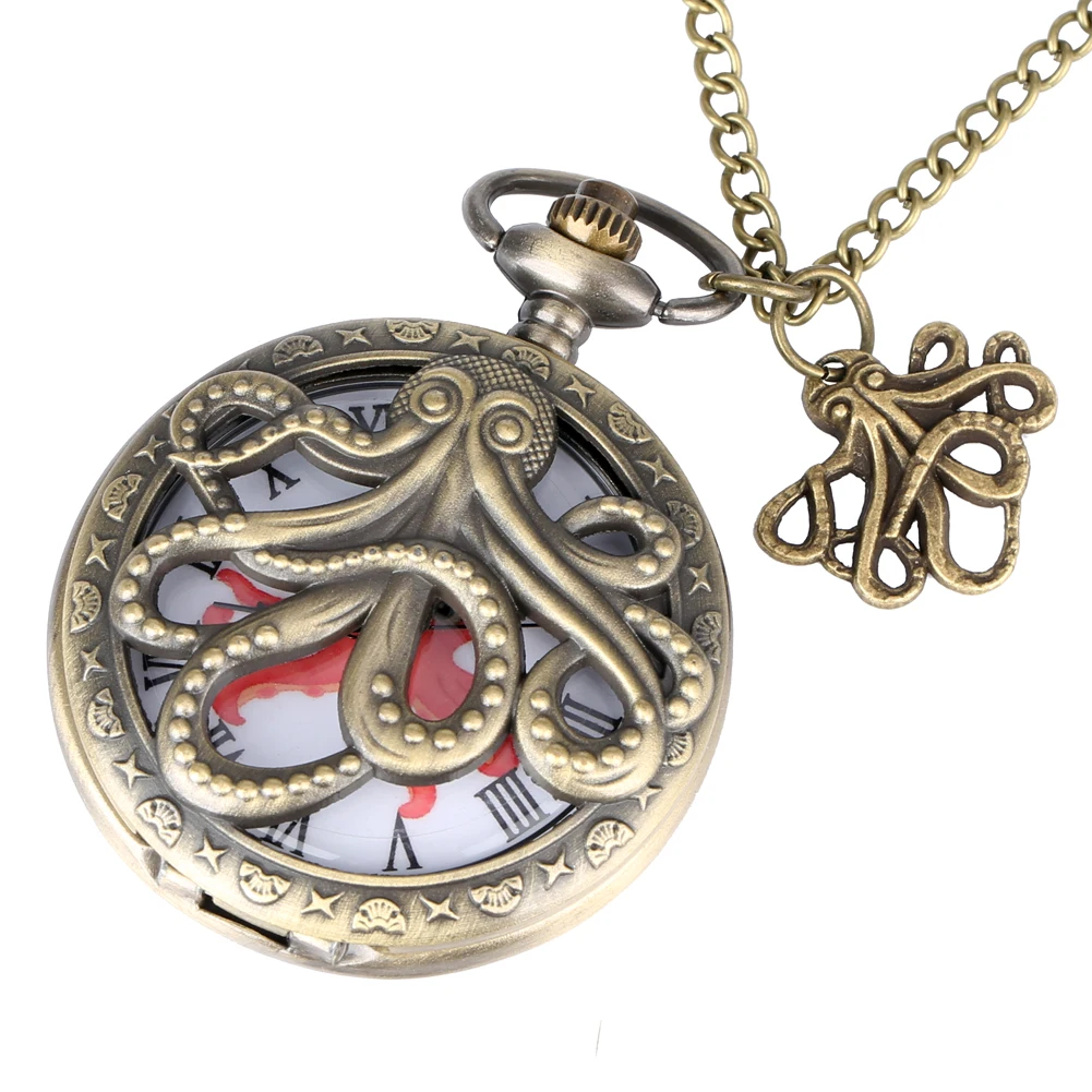 Bronze Octopus Hollow Quartz Pocket Watch Vintage Necklace Pendant FOB Clock for Kids Men Women Chain Retro reloj with Accessory