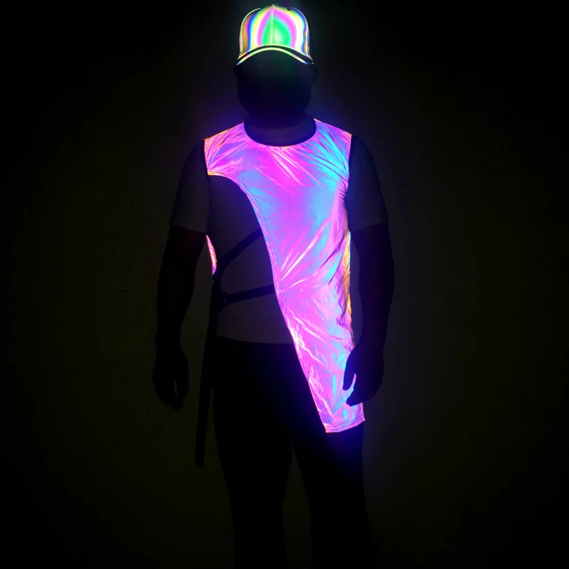 

Reflective Colorful Vest Spring and Autumn New Irregular Luminous Bands Hedging Vest Fashion Cool Vest for Stage Performance