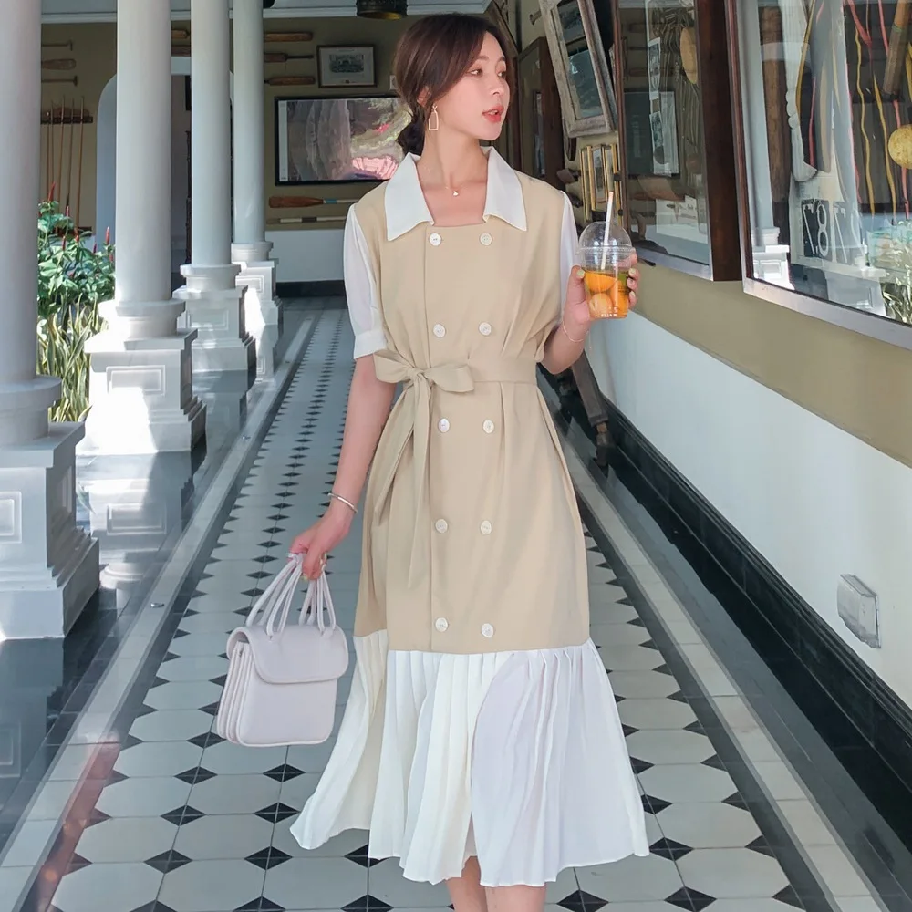

[EWQ] 2019 Spring Autumn New Pattern Turn Down Collar Short Sleeve Hit Colors Double Breasted High Street Dress AH07904