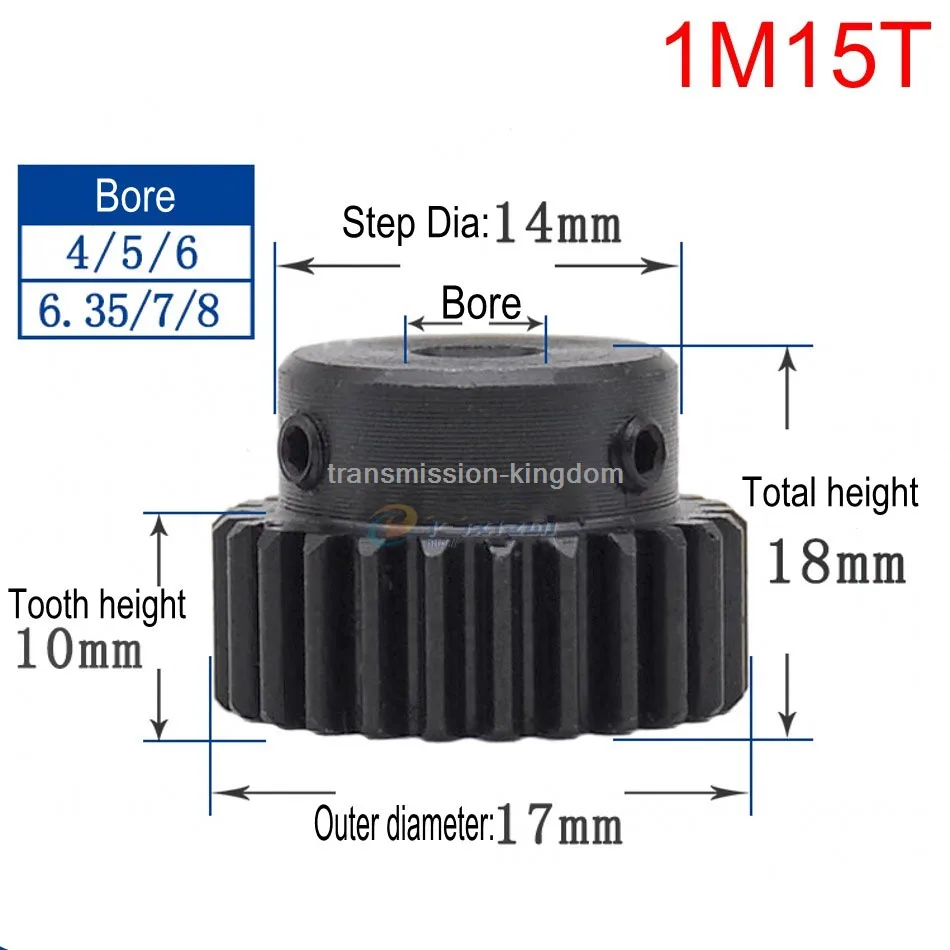 1Pcs 1Modulus Spur Gear 15 Teeth To 18 Teeth Metal Motor Pinion Convex Gear Rack bore 4/5/6/6.35/7/8/10mm Transmission
