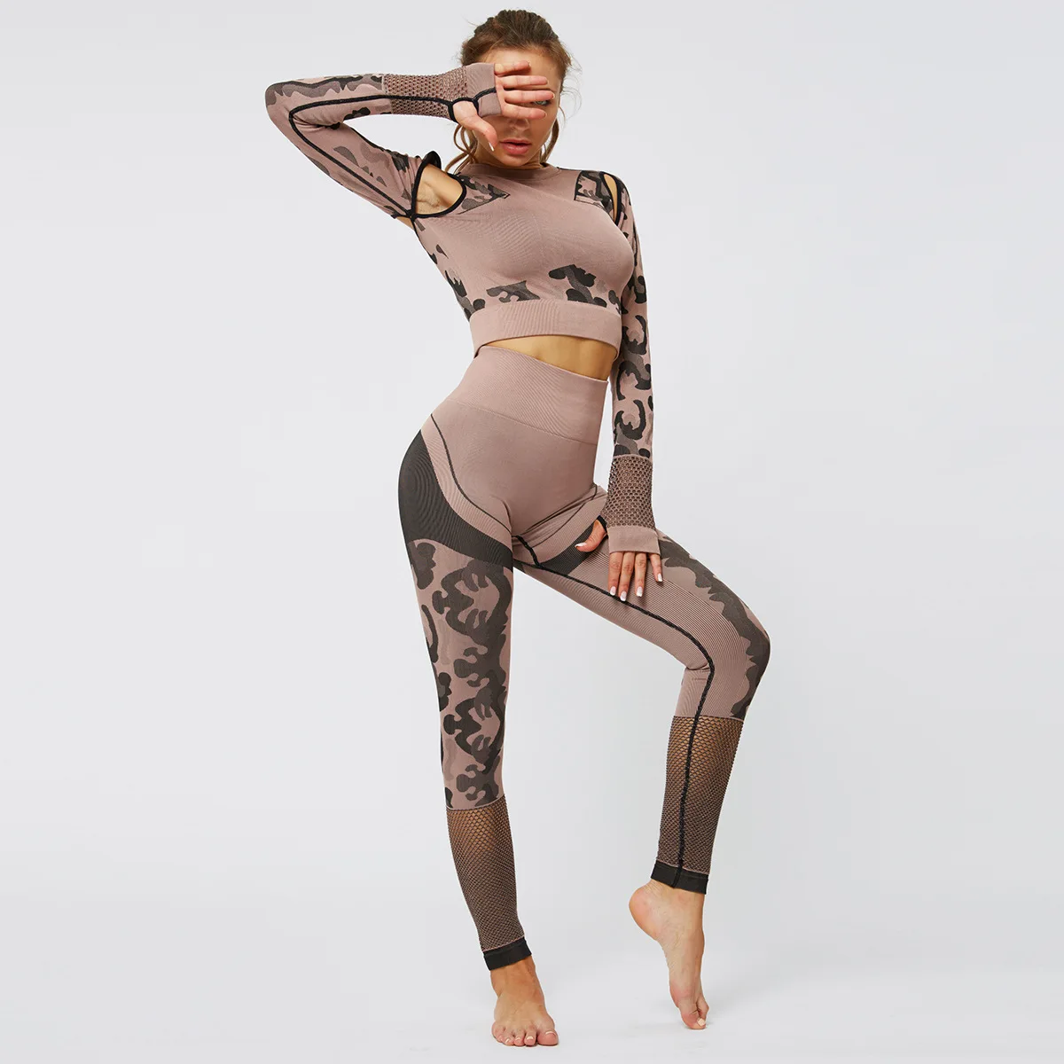 Fashion Women Ladies Camouflage Long Sleeve Hollow Out Yoga Suit 2 Piece Set Sports Clothing For Women Gym Women Workout Tshirts