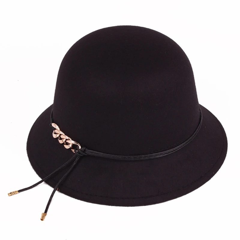 HT3135BK Новые Модные осенние и зимние женские шапки, шерстяные шапки, одноцветные круглые шерстяные шапки с цепочкой - Цвет: HT3135BK
