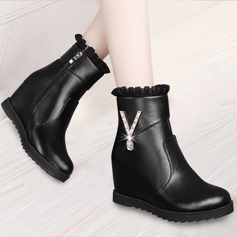 

Winter Boots Women's plus Velvet Semi-high Heeled Slanted Heel-Toe Low-Top Cotton Boots 2019 New Style Versatile Leather Boot