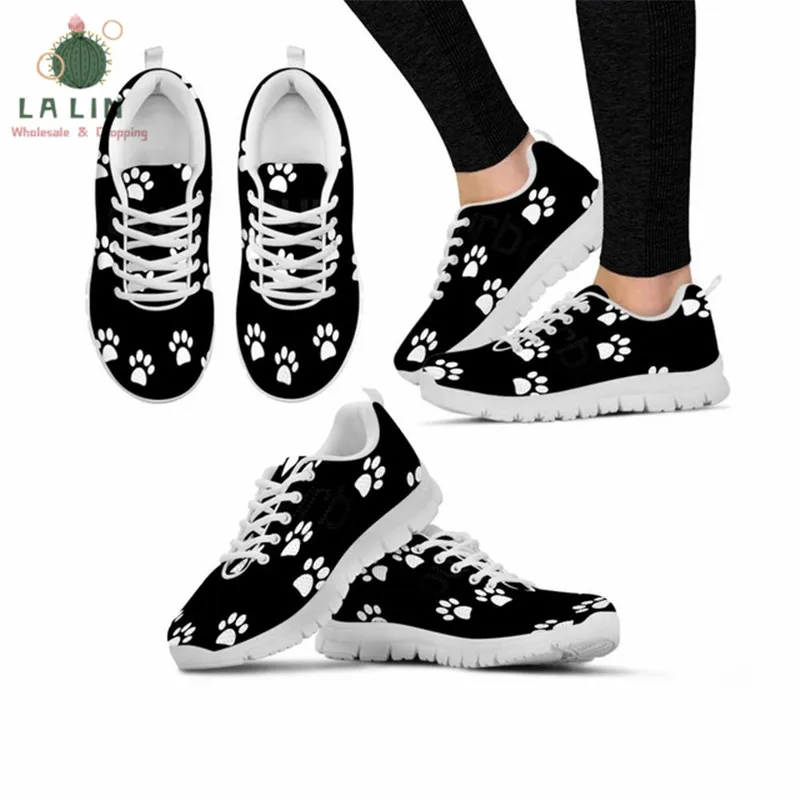 

LALIN Cute White Paw Print Women Sneakers Causal Pet Dog Footprint Pattern Ladies Running Shoes Spring/Autumn Flats Light Shoes