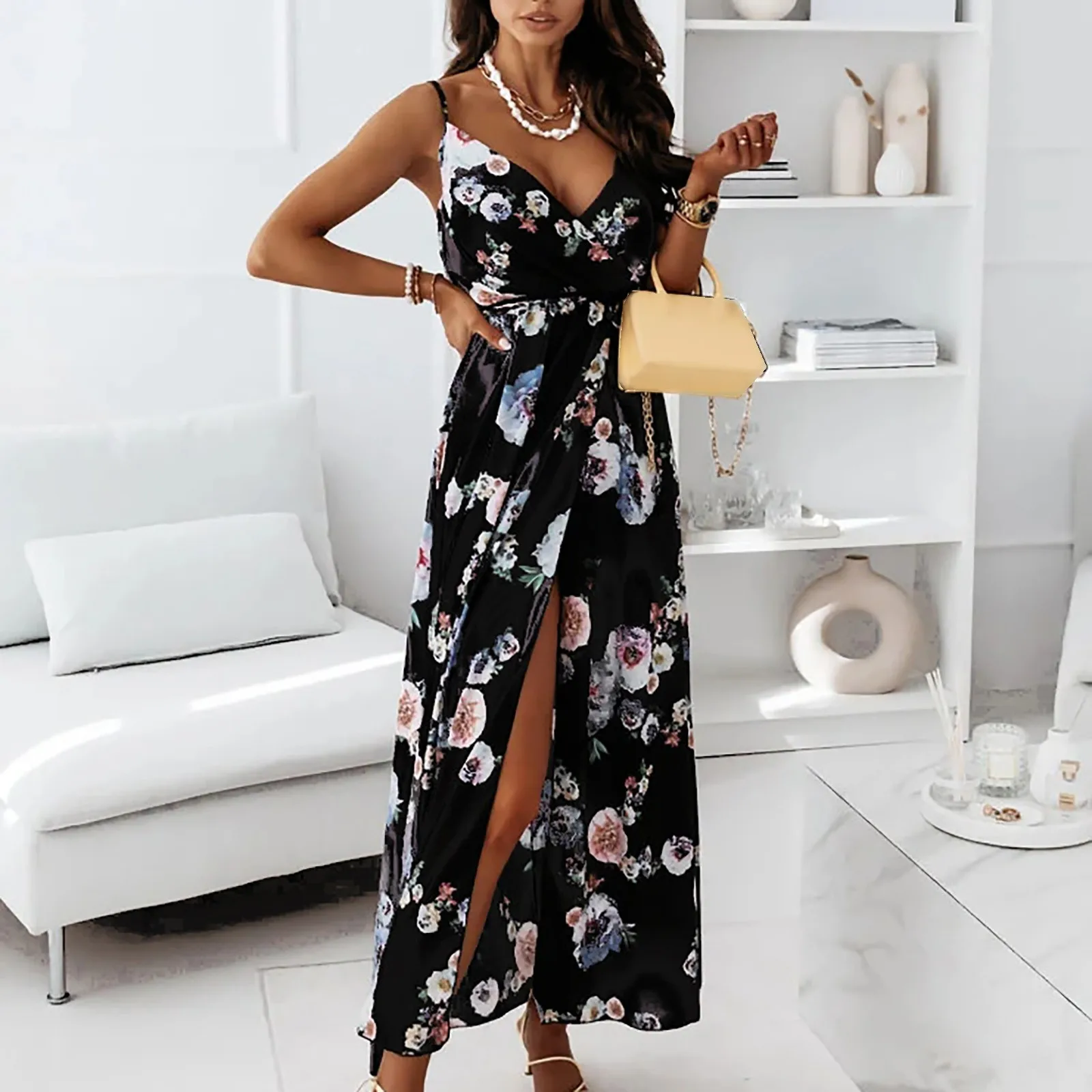 Summer Women's Sleeveless Dresses Vintage Casual Loose Sling Floral Print Belt Slit Long Dress Princess Dress Elegant Vestido 2