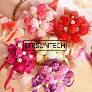 

100pcs 6 Colors Wedding Party Bridal Prom Wrist Corsage Bridesmaid Sisters hand flowers Wedding Flowers Wedding Party