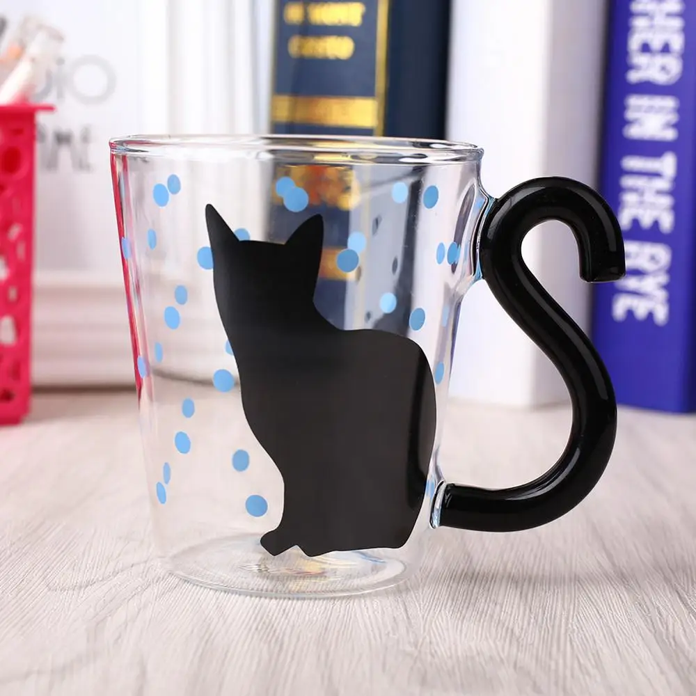 350ml Cute Cat Glass Cup Milk Tea Glass Mug Cat Tail Handle Cat