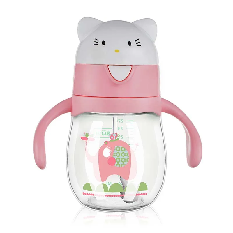 Pink Cat Бутылочки для питьевой воды для обучения ребенка на 360 ° чашки для кормления с ручкой Tritan новорожденные дети милый мультфильм герметичная чашка 270 мл - Цвет: Pink Cat
