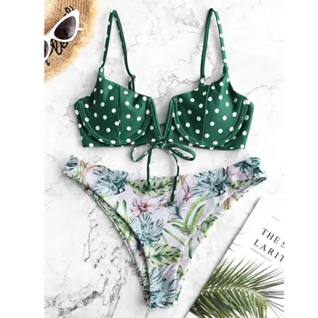 

Best Styles Latest Women's Swimwear Cute Flower Dot Print High Cut Bikini Fashion V-Neck Two Pieces Bikini Swimwear купальник