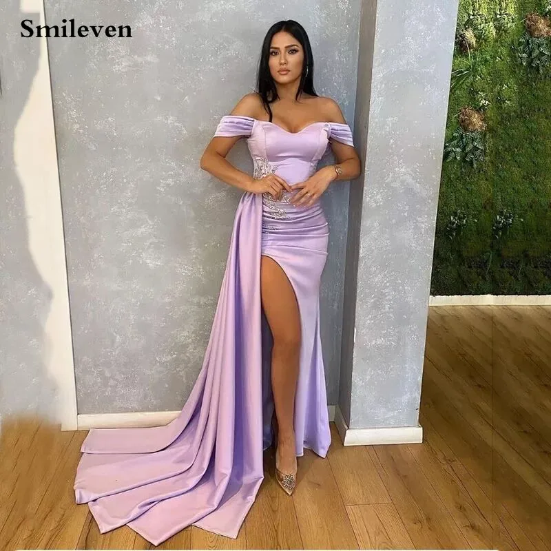 

Фиолетовое Плиссированное кружевное вечернее платье Smileven с открытыми плечами платья для выпускного вечера из Саудовской Аравии платья знаменитостей Дубая с Боковым Разрезом