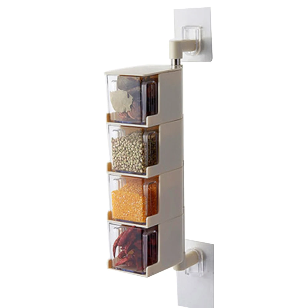 2/3/4-Tier 360 Rotating Wall Hanging Seasoning Box Storage Drawer Spice Case Jar kitchen supplies Drawer type Seasoning Box - Цвет: Beige 4 Layers