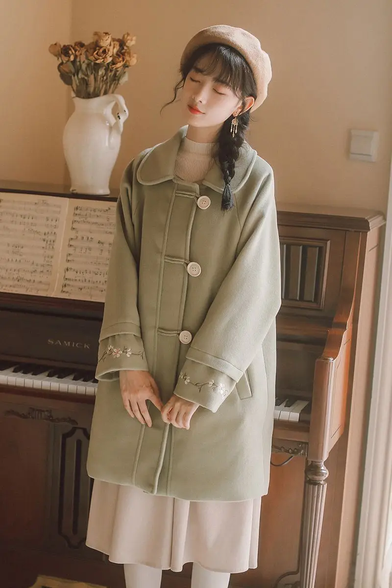 New Vintage Women Wool Blends Coat Full Sleeve Literature And Art Coats Outerwear Green 8888