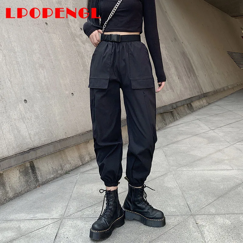

fashion Pocket Black Cargo Pants Women's Loose Sports Autumn Winter Plus Velvet High Waist Straight Leggings All-match Pants