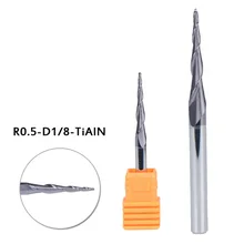 

Tungsten Carbide 2 Flutes End Mill Milling With Plastic Box Tool Equipment 1/8 Shank Radius HRC 0~55 R0.5-D1 / 8-TiAlN 15mm