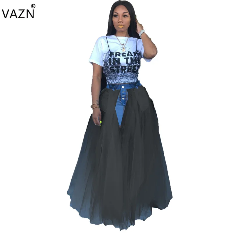 VAZN OMY5129 fashion summer women hot sale long skirt buttons joining together lace open fork girl style floor-length long skirt