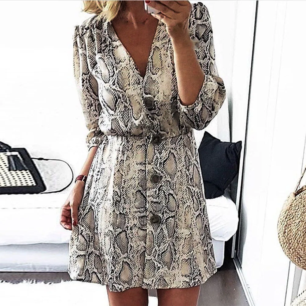 

Snake Print Button Down Casual Loose V Neck Women Dress Party Daily Mini A Line Elegant Half Sleeve Summer Shopping Chiffon