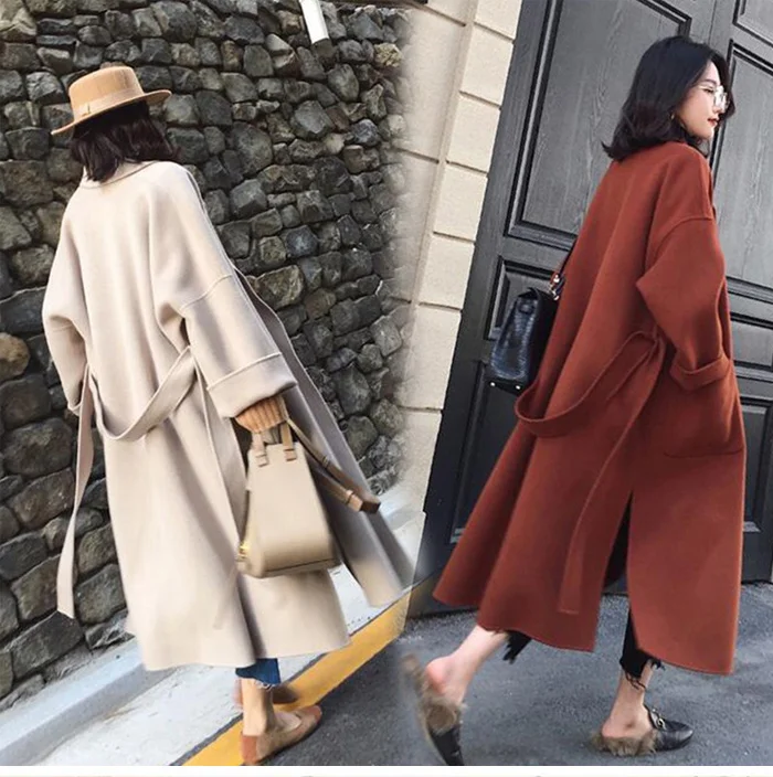 New Women Woolen Coat Thicken Long Sleeve Medium-long Turn-down Collar Open Front Parka Belt Coat
