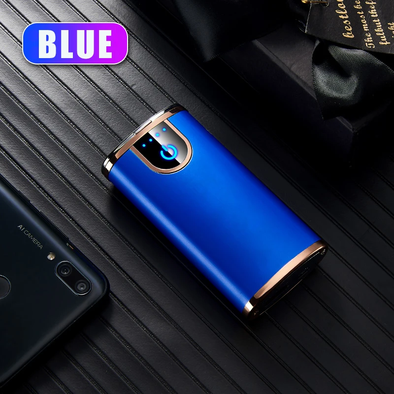 Lighter Rechargeable Windproof Cigarette Dual USB Electric Lighter Flameless Electronic Gadgets LED Spotlight Portable Charger - Цвет: Blue