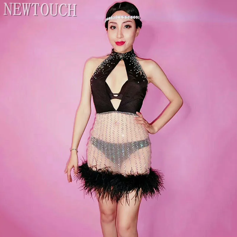 Блестящие стразы Feather Leotard Ночной клуб Dance DS Сценическая одежда Стрейч Боди Вечеринка Певица Наряд Сексуальная одежда - Цвет: same as the picture