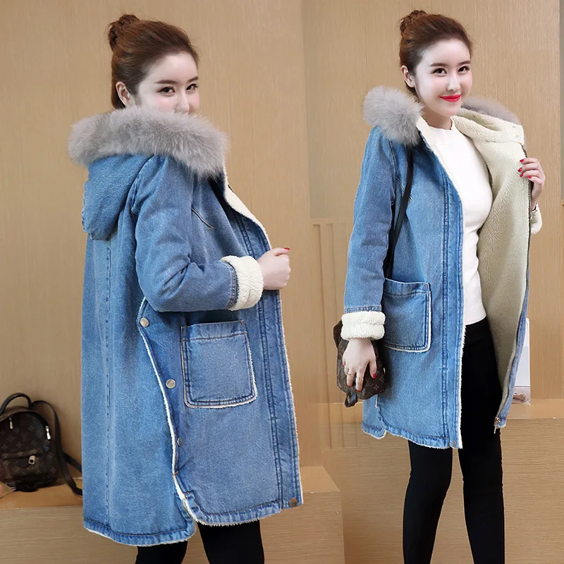 

2018 Winter Korean-style Mid-length Brushed And Thick Large Fur Collar Lambs Wool Cowboy Cotton-padded Clothes Cotton Coat Women