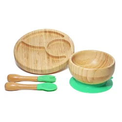Juego de cuencos de alimentación para bebé, plato de cena de bambú, vajilla de alimentación para niños con ventosa de silicona, cuchara de bambú, platos para niños, 1 Juego