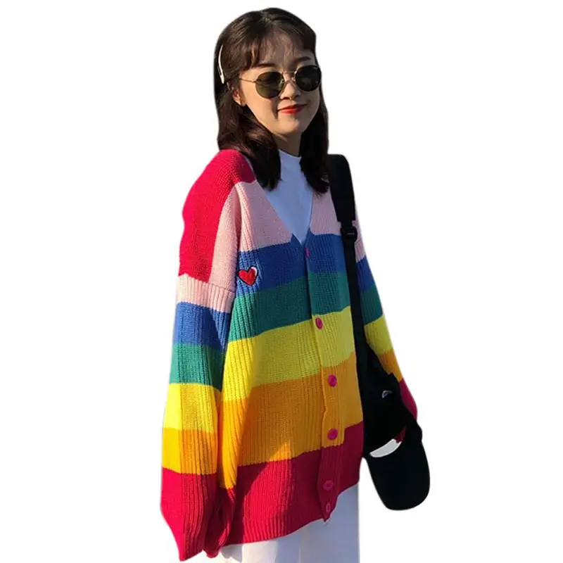 Women Sweater Colorful Rainbow Striped Single Breasted Sweet Casual Fashion Girls Sweater Coat